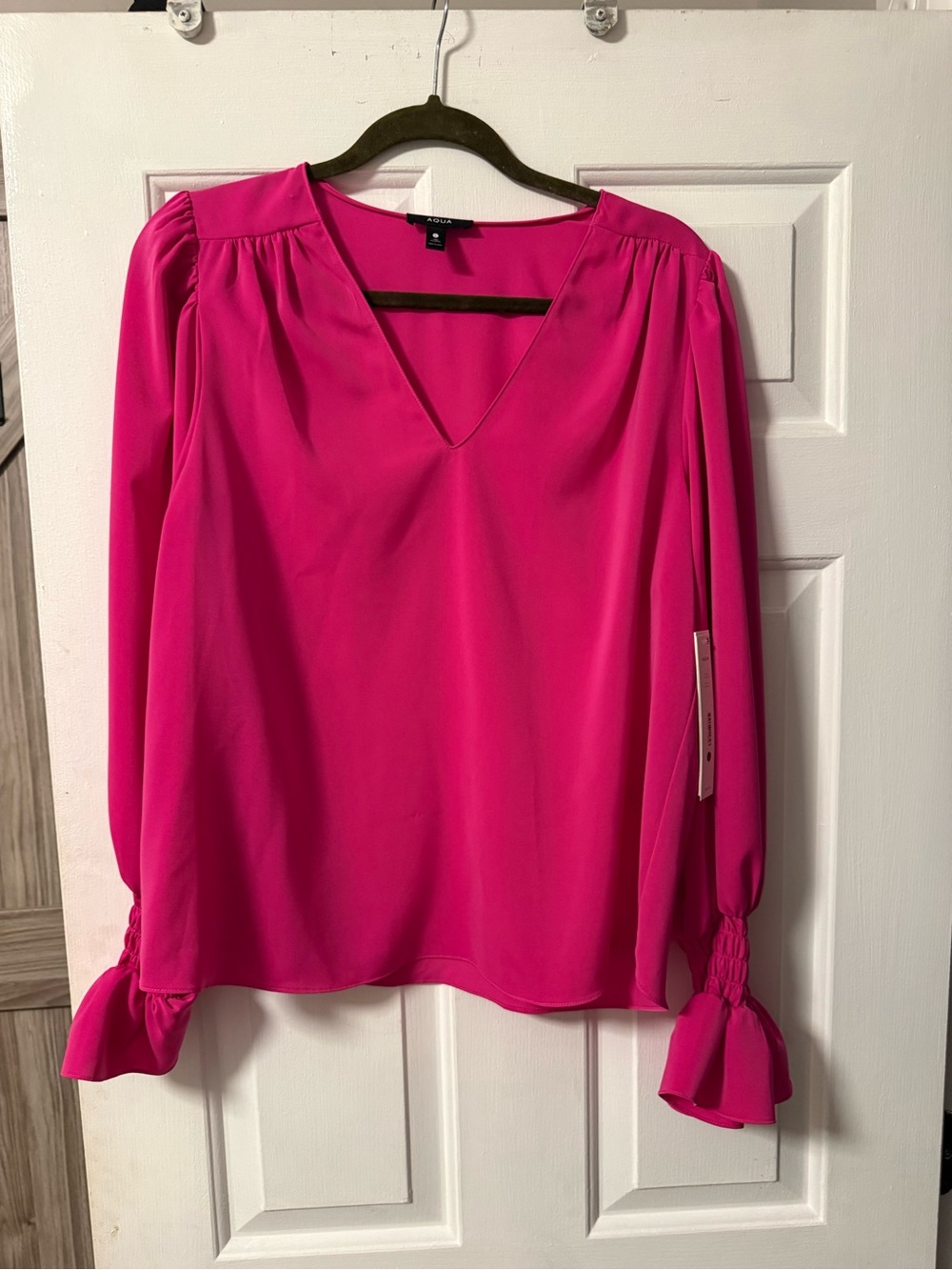 Aqua from Bloomingdale’s Long Sleeve V-Neck Blouse in Hot Pink